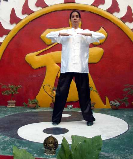 De pie, de un paso con el pie izquierdo mientras lleva las manos al pecho con las palmas hacia abajo. Foto Silvia Johoy